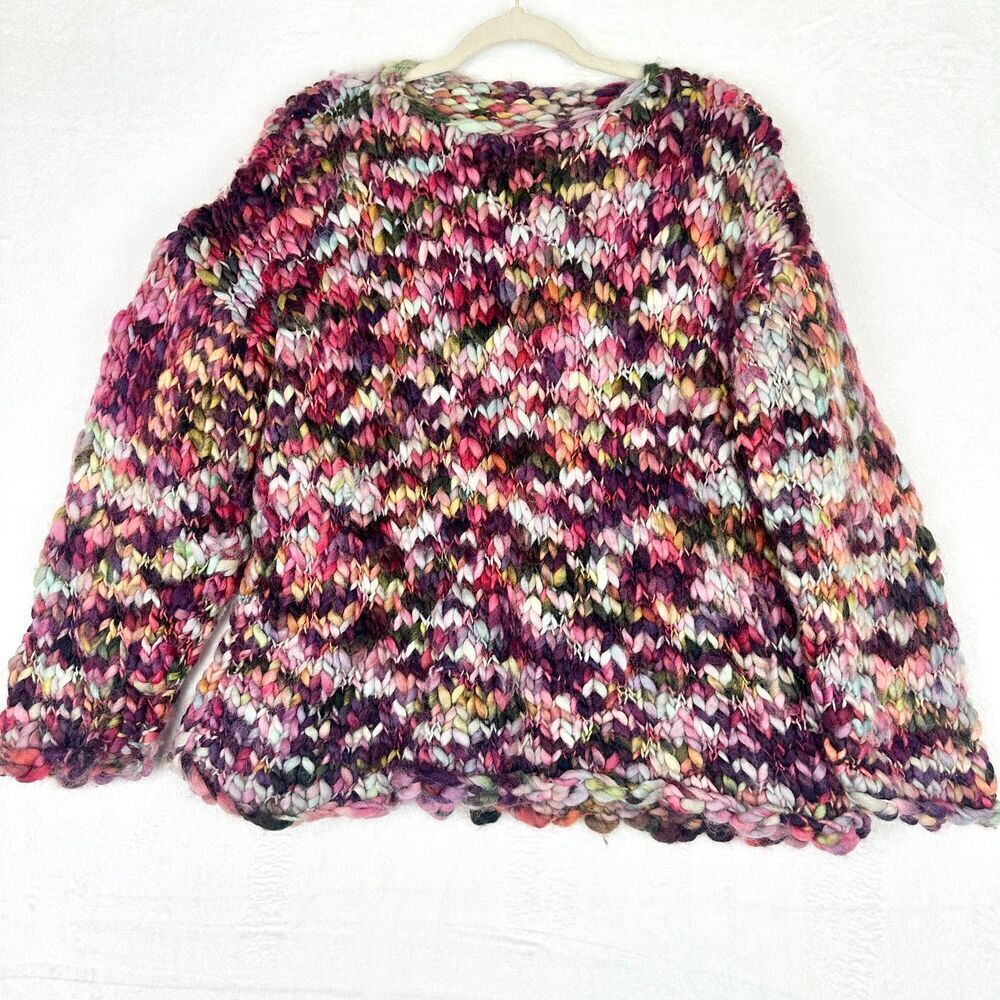 Vintage Handmade Chunky Knit Wool Rainbow Sweater Size Medium Boho Grandma
